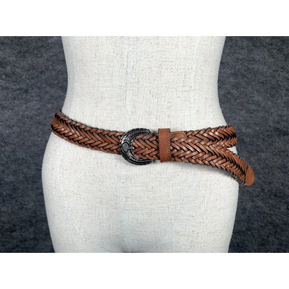 Vintage Womens Braided Belt Leather Brown Medium Solid Silver Tone Buckle Nice‎